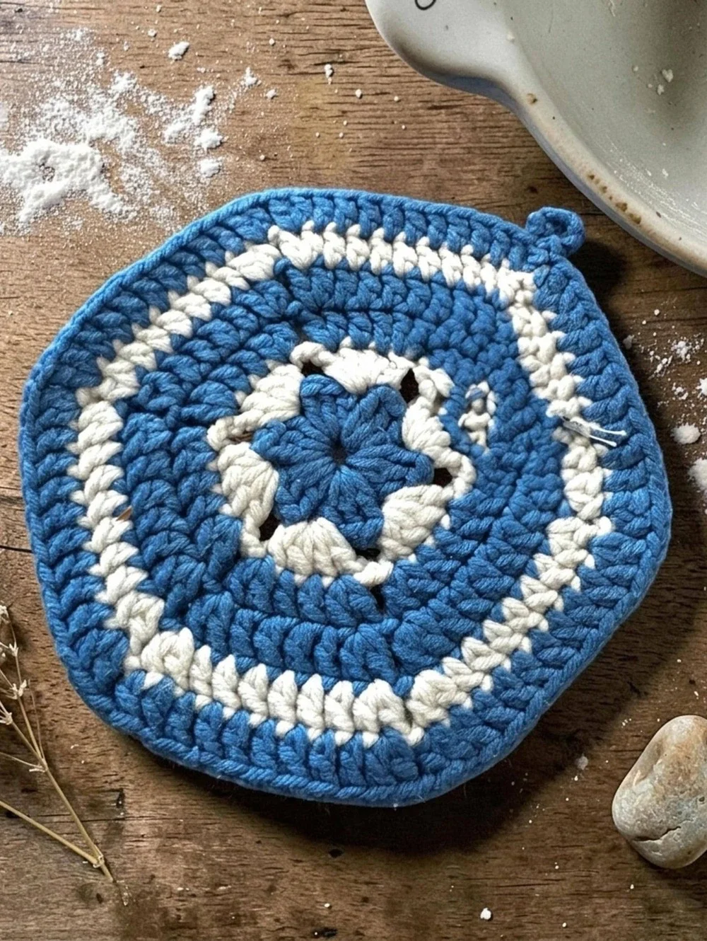 Handmade Trivet Vintage Blue White Crochet Hot Pad, Countertop Saver, Heat